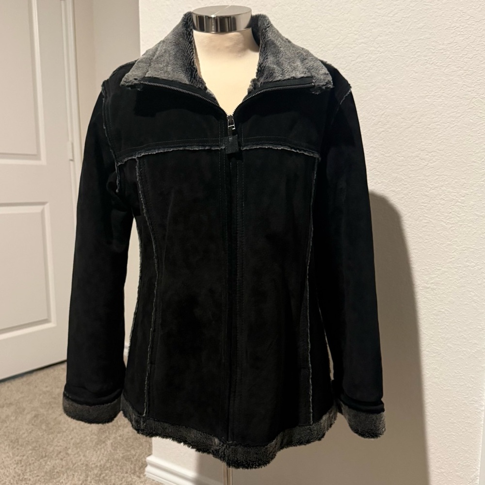 Vintage CHEROKEE Oversized 100% Genuine Black Leather Suede Sherpa Teddy Jacket